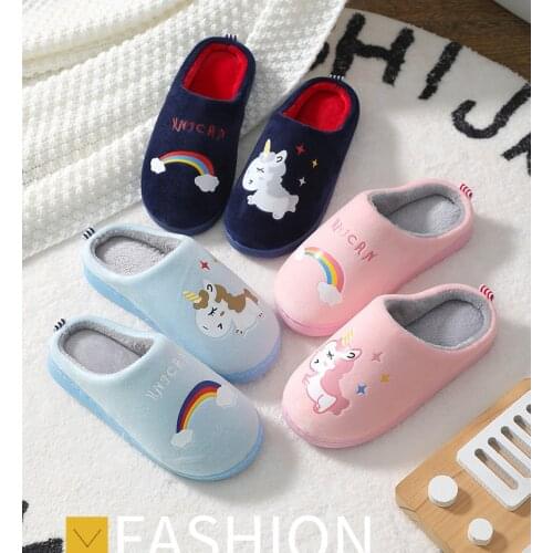 2019 New Boys And Girls Winter Warm Plush Home Slippers Indoor Non-Slip Plush Soft Bottom Unicorn Rainbow Home Shoes