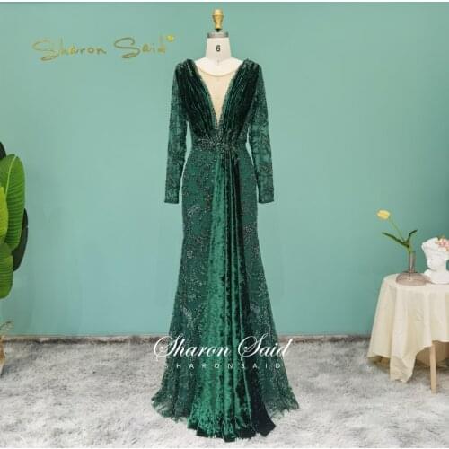 Turquoise Blue Velvet Mermaid Evening Dress Long Sleeve Luxury 2021 Dubai Formal Party Gowns Arabic Women Wedding Guest Dress