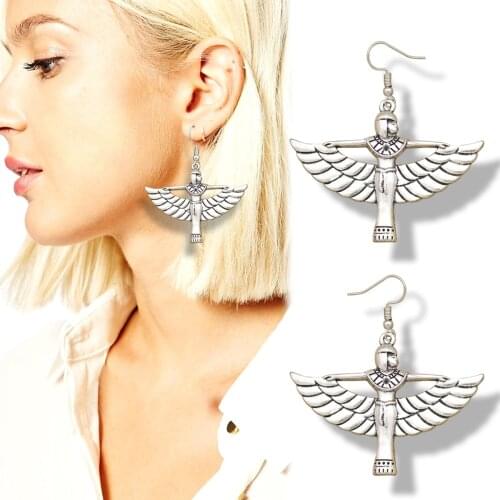 Egypt Egyptian Isis Winged Charm Ankh Cross Roman Drop Dangle Earrings Silver Plated Wicca Pagan Pendientes Brincos Oorbellen