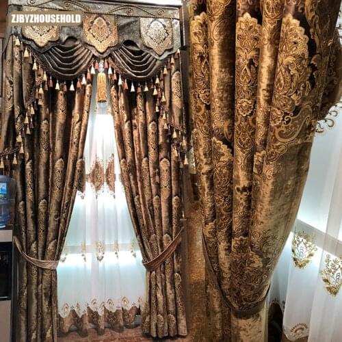 European Curtains for Living Room Palace Luxury Print Velvet Curtains Carved Gold Curry Villa Dining Bedroom High Window Elegant