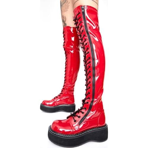 Ins Woman Thick Platform Heels Lace Up Long Martin Boots Woman Patent Leather Round Toe Over Knee Boots Cross Tie Thigh Boots