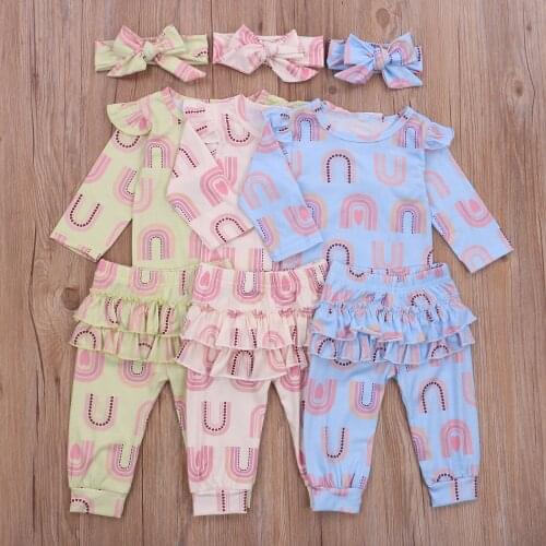 Baby Girl Romper Top, Pants Suit, Round Neck Long Sleeve Shirt Ruffle Hem Skirt Rainbow Printed Loose Trousers, Headband