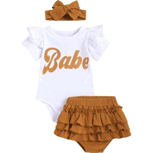 Toddler Baby Girls Clothes Set Letter Print Flying Sleeve O-neck Romper Solid Color Shorts Bow-knot Headband Childrens Clothing