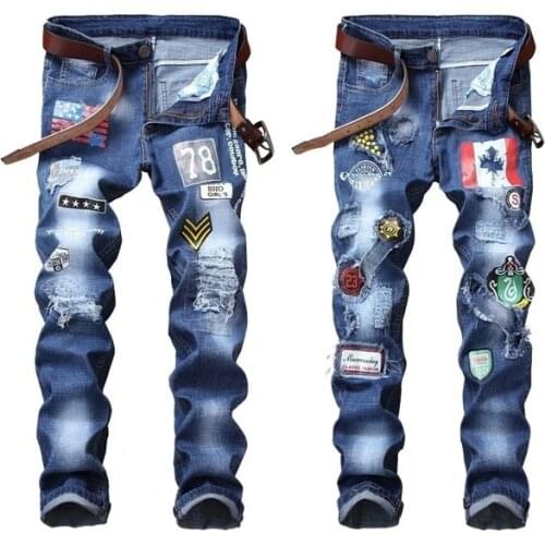 2021 Men’s High Quality New Style Jeans,Slim&Straight Stretch Denim Jeans,Embroidery Patch Badge&Torn Hole Decors Denim Pants