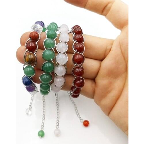 Natural gems stone wire wraped Beach Bracelets rose quartzs tiger eye stone obsidian amethysts beads bangle for women gift