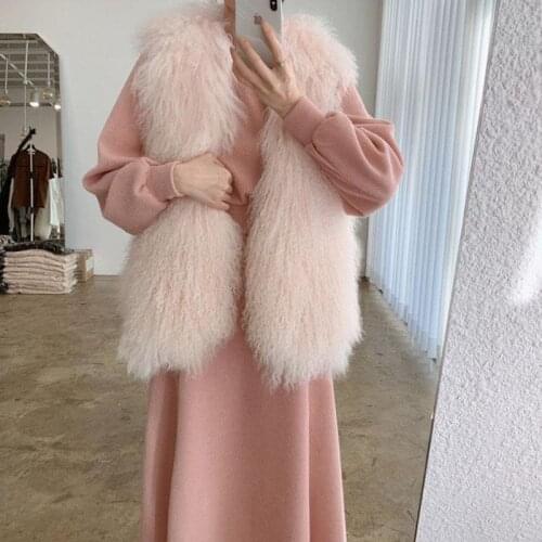 VOOCIEC New Pink 3 Piece Set Chic Faux Mink Warm Vest Coat + Cordury Hooded Hoodies + High Waist A-line Women Dress Fashion Suit