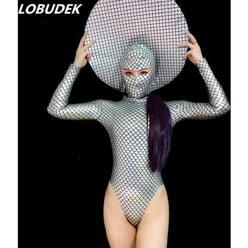 Silver Laser Fish Scale Pattern Mermaid Skinny Bodysuit Mask Big Headgear Female Dance Costume Club Bar Party Show Stage Outfit