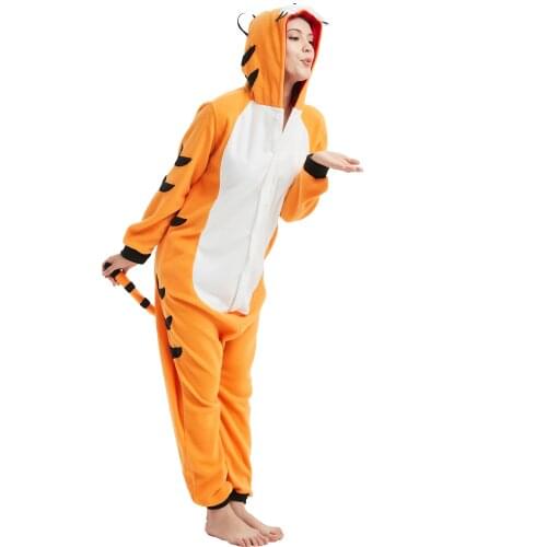 Unisex Adults Animal Bengal Tiger Onesies Women Men Couple 2021 Winter Cartoon Pajamas Suit Nightie Sleepwear Fleece Homewear