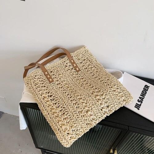 Square Hollow Straw Beach Bag Handmade Woven Shoulder Bag Raffia Rattan Shopping Travel Bag Bohemian Summer Vacation Casual Tote
