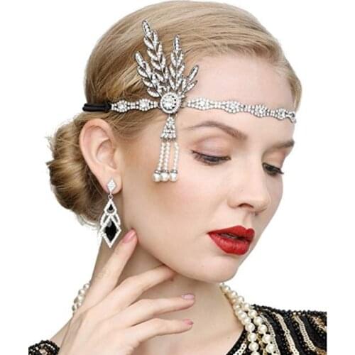 1920s Flapper Headpiece Roaring 20s Feather Headband Gatsby Hair Accessories Pearl Headband Flapper Party Earrings Sets