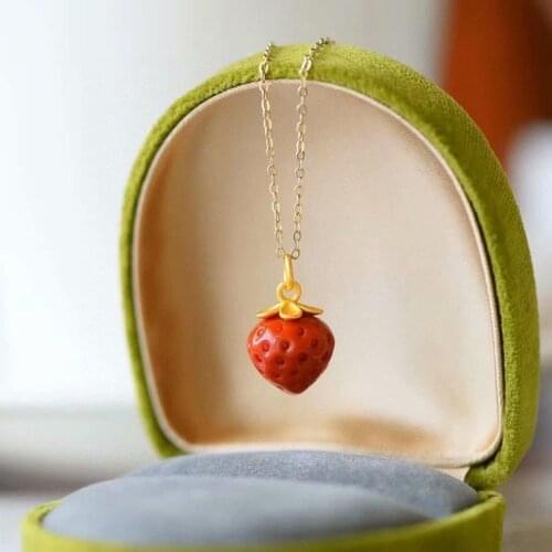 Natural South Red Necklace Strawberry Pendant Cute Sweet S925 Silver Clavicle Chain Green Leaf Earrings Female Birthday Present