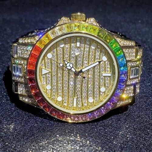 Hip Hop MISSFOX 18k Gold Luxury Mens Watches Diamond Imitation Iced Out Watch Men Luminous Hand AAA Replica Quartz Wristwatch