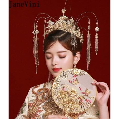 JaneVini Luxury Chinese Bridal Hairpins with Earrings Gold Wedding Crown Headwear Pearls Women Costume Accessories Coronet Suit