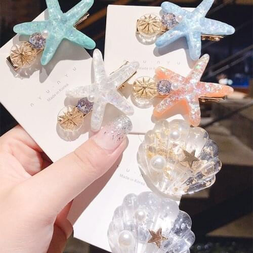 Cute Acrylic Duckbill Clip Shiny Starfish Shell Pearls Hair Clips for Women Girls Sweet 2021 Fashion Hairpin Hair Accessories