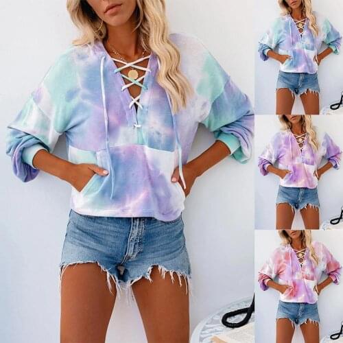 Hoodies fashion top Women Long Sleeve V-neck Tie-dye Printed Hooded Pockets Drawstring pullover sweatshirt plus size 3XL