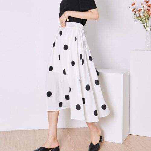 Korean Skirts Women Printed Chiffon Dot Skirt Women Summer High Waist Pleatet A-line Long Skirt Women