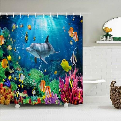 Sea Ocean Dolphin Animal Printed Shower Curtain with Hooks Cartoon Cute Marine Life Waterproof Polyester Fabric Bathroom Curtain