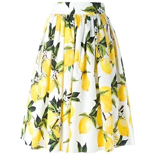 Womens Lemon Floral Printed High Elastic waist Vintage skirts A-line Midi Skater Flared Pleated Skirt