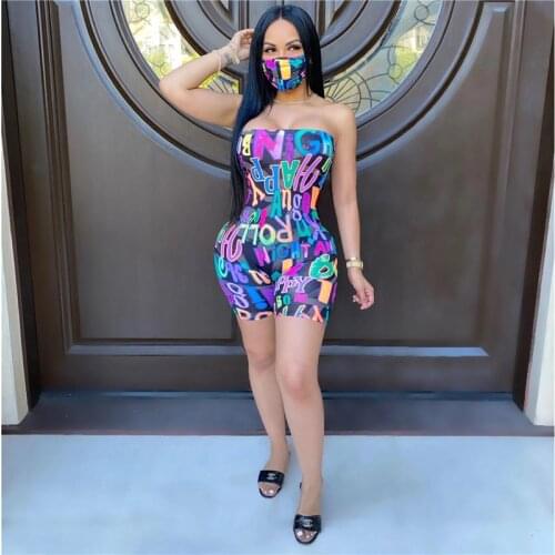 Women Letter Printed One Piece Bodysuit, Off Shoulder Sleeveless Open Back Sexy Short Jumpsuits Romper