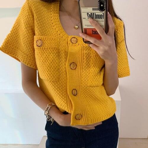 Korea Chic Summer Simple Wild Round Neck Single-Breasted Loose Casual Multi-Pocket Short-Sleeved Cardigan Sweater Women