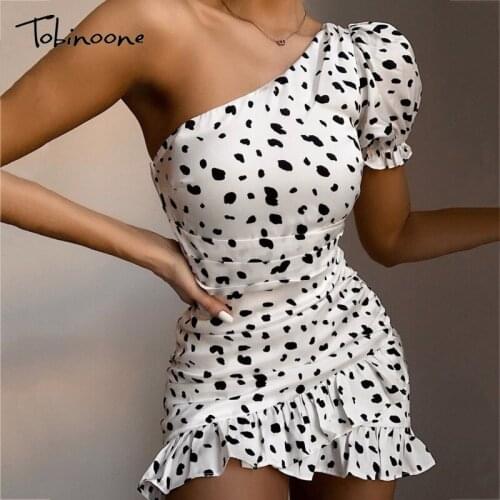 Tobinoone White Leopard Print Ruffles Mini Dress Women One Shoulder Pleated Puff Sleeve Bodycon Dresses Party Backless Sexy Robe