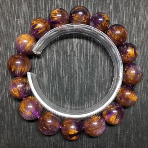 13.8mm Genuine Natural Cacoxenite Auralite 23 Purple Rutilated Quartz Bracelet Clear Round Beads Bangle Women Men AAAAAA