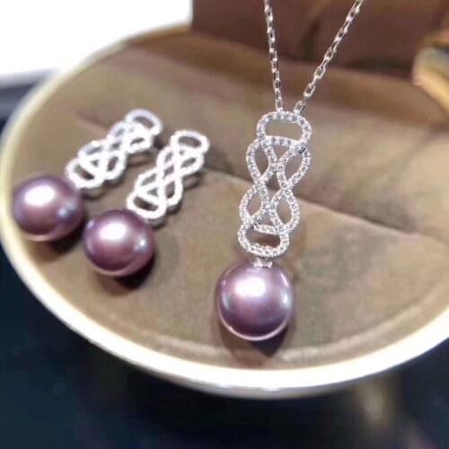 Free shipping natural 9-10mm Pearl CZ Necklace pendant earring set 925 silver micro inlay zircon clasp accessory jewelry