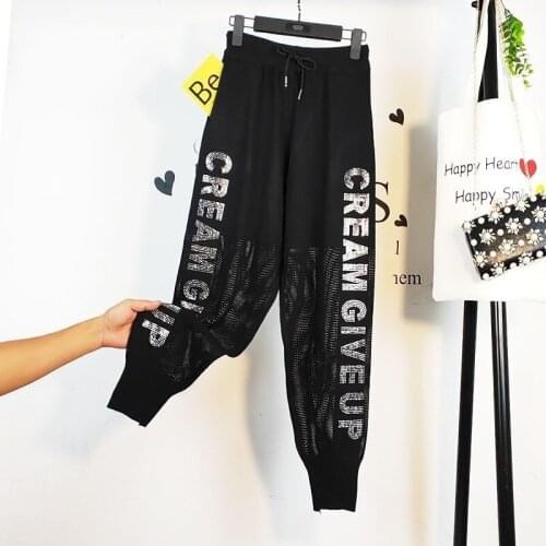 Joggers Womens Drawstring Sweatpants Rhinestones Summer Loose Letters Openwork Knitted Harem Pants Bloomers Pants Ankle Banded