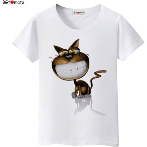 BGtomato lovely smiling face cat t shirt woman cartoon 3D big funny cat shirt Brand good quality comfortable soft shirts