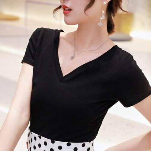 Summer Tops for Women 2019 Short Sleeve Cotton Tshirt Korean Style Tee Shirt Femme Sexy Deep V-Neck T-shirt Camisetas Mujer