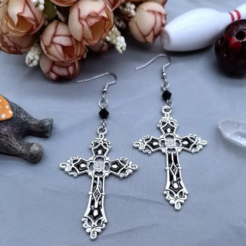 Gothic Large Detail Floral Cross Earrings Black Gothic Punk Jewelry Fashion Gorgeous Statement Ladies Gift Retro Trend