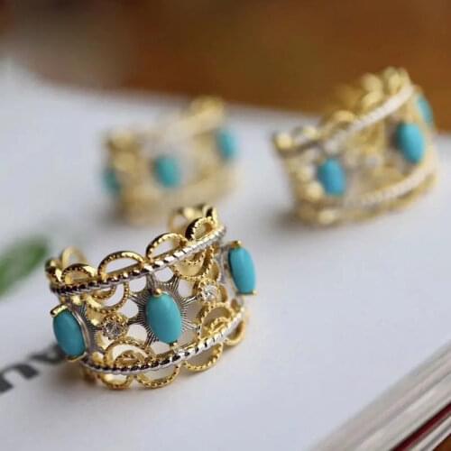 Natural Hetian Jade Hollow Pattern Ring S925 Sterling Silver Sleeping Beauty Turquoise Ring Palace Style Ring Ornament