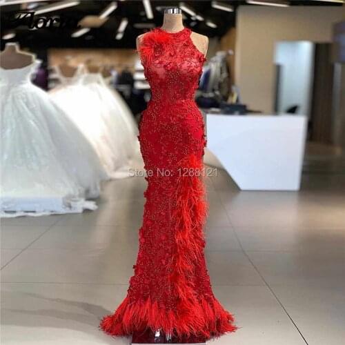 Illusion Beading Islamic Evening Dresses Kaftans 2020 vestidos Custom Feathers Mermaid Prom Dress Dubai Arabic Women Party Gown