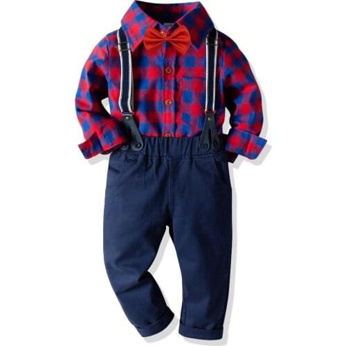 Oklady Gentleman Costume Baby Boys Clothes Cotton Red Plaid T-shirt Tops+Overalls Suspender Trouser 2Pcs Spring Autumn Suit