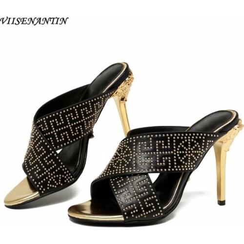 Leather Cross Back Single Stiletto Sandals Pointed Toe Small Rivet Stitching Pattern Cat Heel Leather Sandals and Slippers