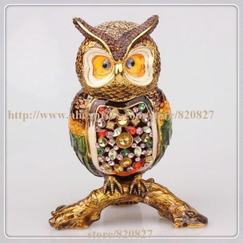 Beautiful OWL Crystal Studded Pewter Jewelry Trinket Box with Gift Box Owls Perched on Tree Log Figurine