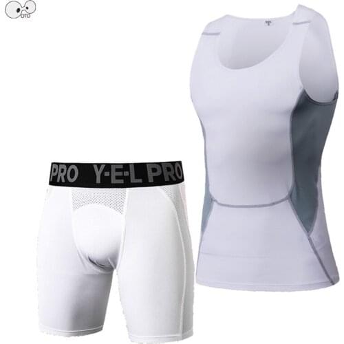 Mens Sleeveless Tank Top+Tights Shorts Running Set Quick Dry Compression Sport Suits Fitness Gym Jogging Sportswear Tracksuits