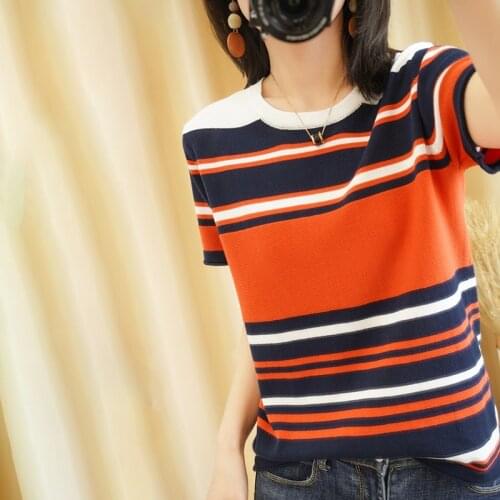 2021 summer new pure cotton T-shirt women casual pullover knitted sweater short sleeve plus size round neck tees striped top