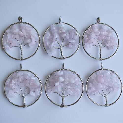 Wholesale 12pcs/lot fashion natural stone pink Tree of life handmade wire wrapped Pendants 50mm for necklace marking free