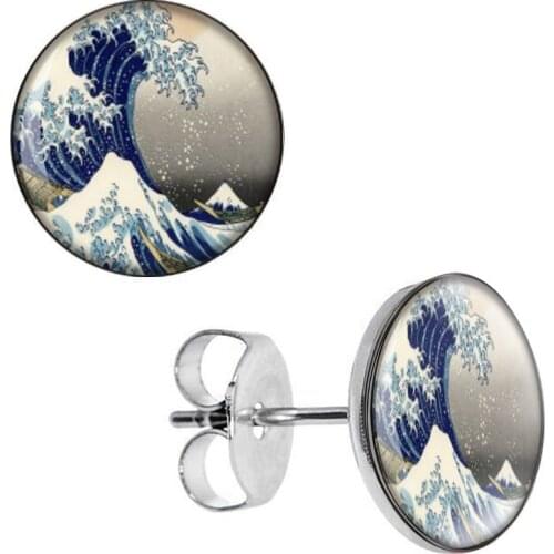 Wholesale Stud Earrings Stainless Steel Ear Studs Great Waves Pattern For Men Women 8mm 10mm AW5226