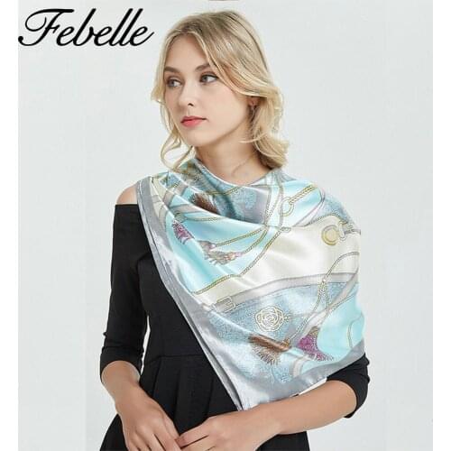 Febelle 90*90cm Silk Scarf Women Print Foulard Satin Square Luxury Brand Shawls Bandana Scarves Female
