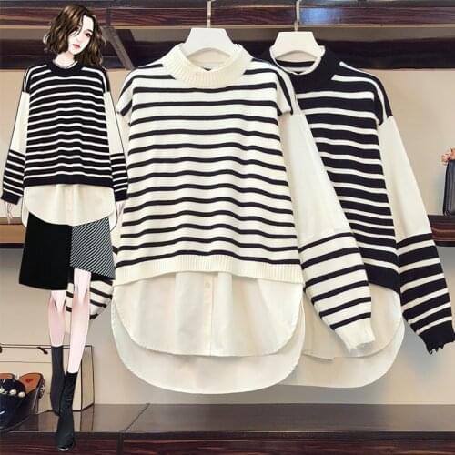 Striped Stitch False Two Piece Plus Large Size Oversize Korean Fashion Pullovers For Autumn WomenS Clothing Ladies Sweaters
