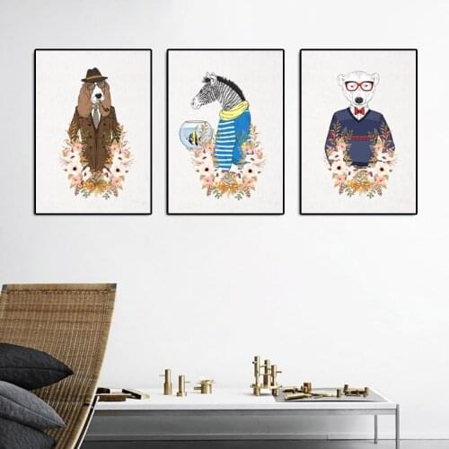 Nordic Modern Style Bear Zebra Dog Flower Canvas Painting Cartoon Animals Posters And Prints Wall Pictures For Living Room Decor