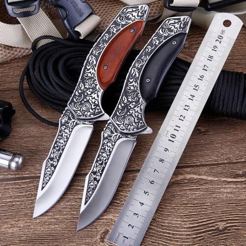 Folding Knife Outdoor Survival Tactical Pocket Knife Sharp Wood Handle 440C Steel Camping Hunting Knives for Self-defense Tools