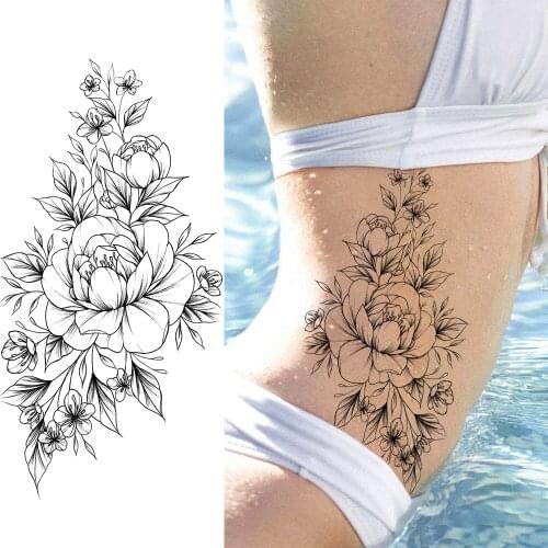 Black Flower Temporary Tattoos Sticker Fake Waterproof Beautiful Rose Tattoos For Women Girl Fashion Body Art Wasit Arm Tattoos