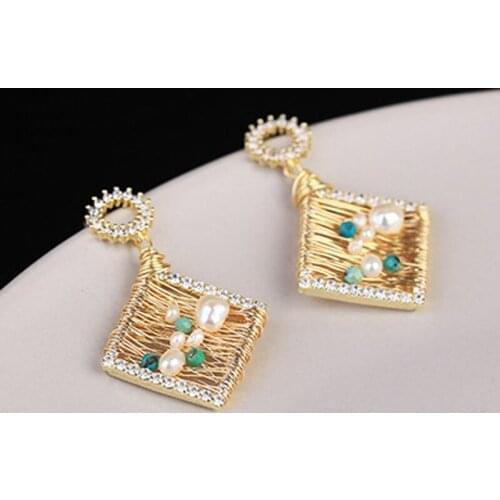 Handmade Geometric Square Winding Gold Color Copper Metal Drop Earring For Women Zircon Freshwater Pearls Dangle Earring Jewelry