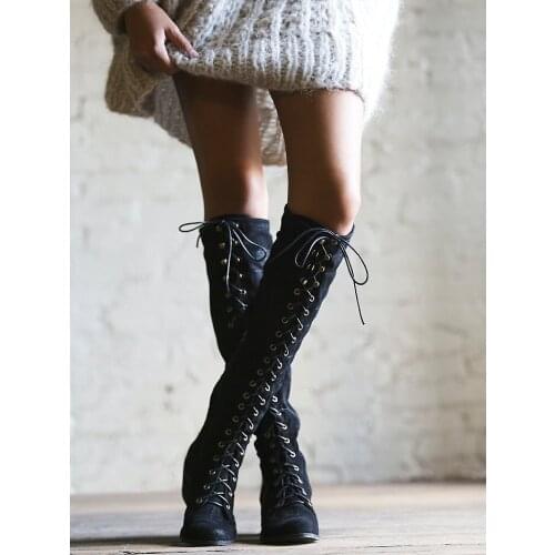 Antumn Winter Suede Lace Up Knee High Boots Gladiator High Heels shoes woman Women Winter Boots 35-42