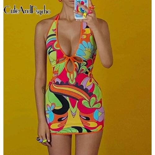 Harajuku Print Y2K Bodycon Sundresses Hollow Out Sexy Chic Halter Vintage Dress Elegant Backless Cute Mini Outfits Cuteandpsycho