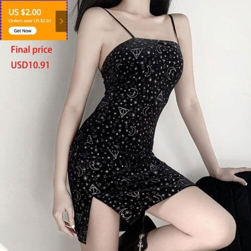 Women Moon Print Cloth Goth Dark Chic Strap Black Dress Ins High Waist Split Dress Retro Summer Gothic Mini Sexy Bodycon Dress