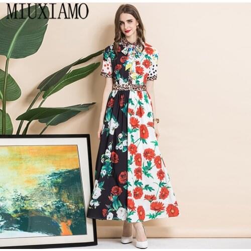 2021 New Summer Turn-Down Collar Short Sleeve Color Contrast Print Ankle-Length Dress Long Womens Wear Temperament Slim